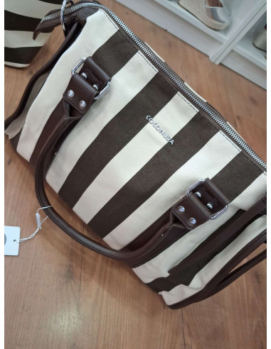 Bolso de mano COCONUDA confeccionado en lona resistente con rayas verticales marrón y crema