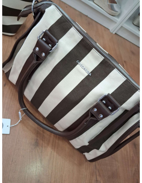 Bolso de mano COCONUDA confeccionado en lona resistente con rayas verticales marrón y crema