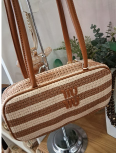 Bolsos con asas en cuero y rayas cuero y beig