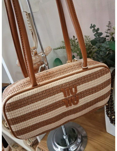 Bolsos con asas en cuero y rayas cuero y beig