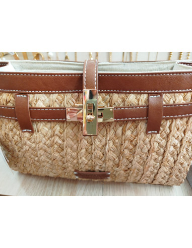Bolso rafia con cuero con cremallera