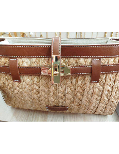 Bolso rafia con cuero con cremallera