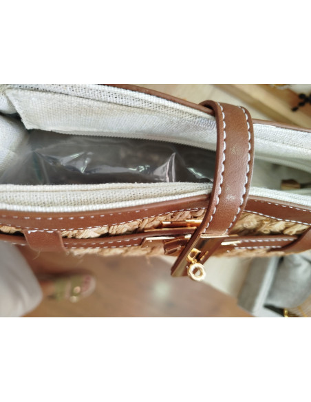Bolso rafia con cuero con cremallera