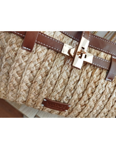 Bolso rafia con cuero con cremallera