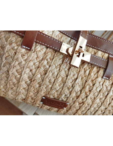 Bolso rafia con cuero con cremallera
